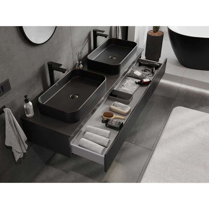 Mexen Rivel meuble de salle de bain sous lavabo 160 cm avec plateau, 1 tiroir, rainuré, noir mat - 91A20-16023-1-BFC71