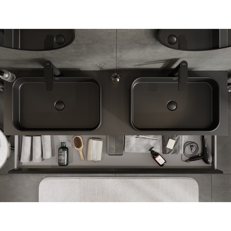 Mexen Rivel gabinete de baño bajo lavabo de 160 cm con encimera, 1 cajón, ranurado, negro mate - 91A20-16023-1-BFC71