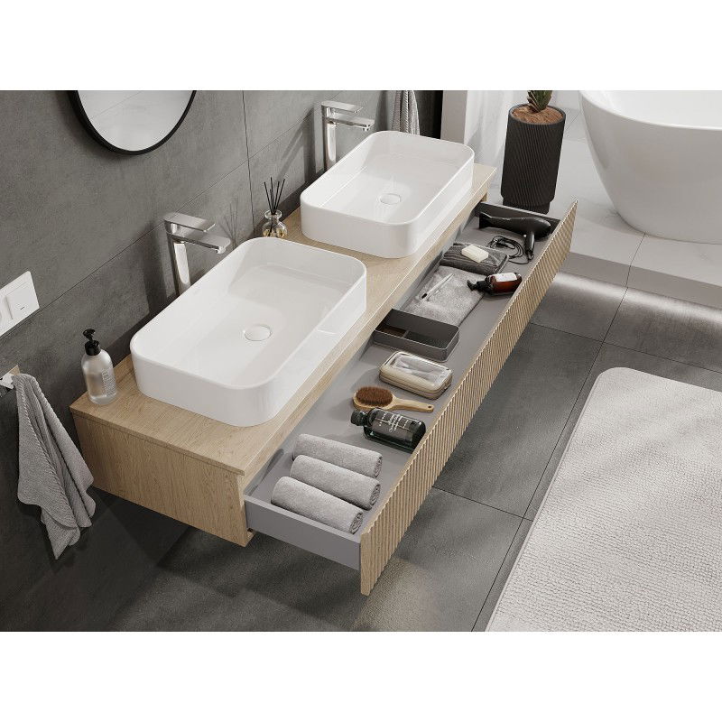Mexen Rivel meuble de salle de bain sous lavabo 160 cm avec plateau, 1 tiroir, nervuré, chêne - 91A20-16023-1-BFC81