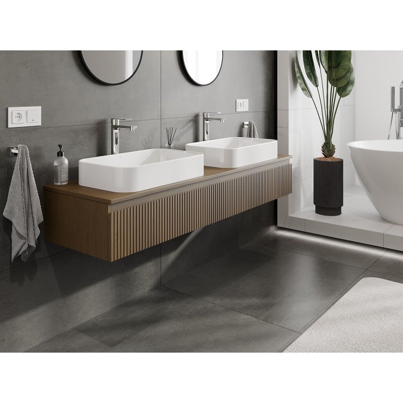 Mexen Rivel szafka łazienkowa podumywalkowa 160 cm z blatem, 1 szuflada, ryflowana , orzech - 91A20-16023-1-BFC86