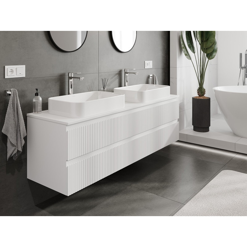 Mexen Rivel badkamerkast onder de wastafel 160 cm met blad, 2 lades, geribbeld, mat wit - 91A20-16047-2-BFFC01