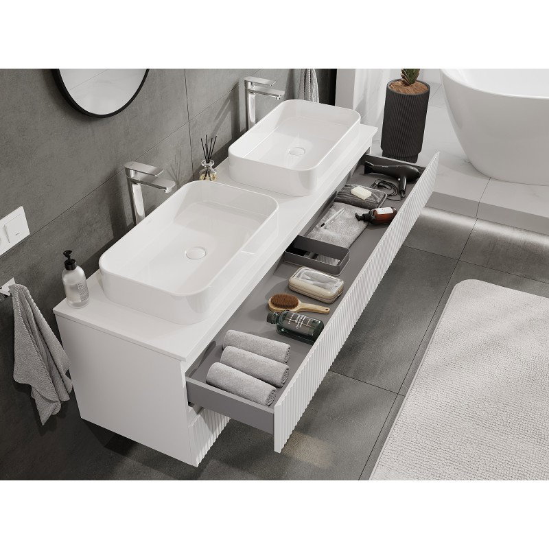 Mexen Rivel bathroom cabinet for countertop 160 cm with top, 2 drawers, ribbed, white matt - 91A20-16047-2-BFFC01