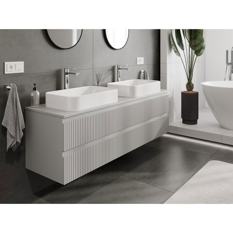 Mexen Rivel bathroom cabinet for washbasin 160 cm with countertop, 2 drawers, ribbed, matte grey - 91A20-16047-2-BFFC62