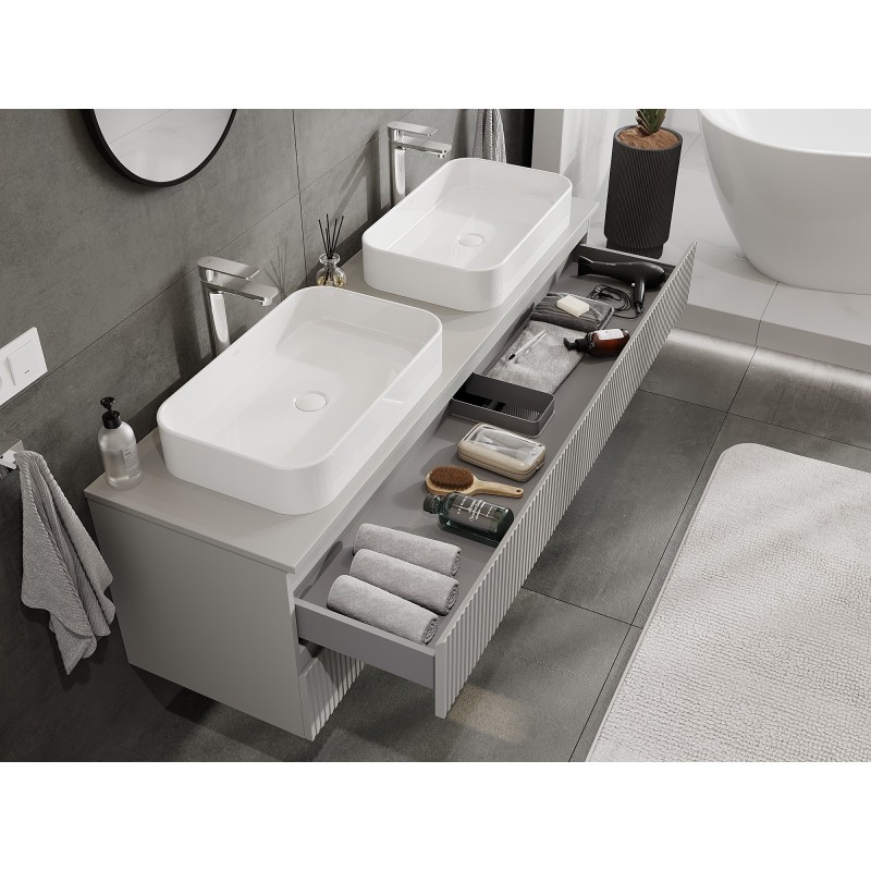 Mexen Rivel szafka łazienkowa podumywalkowa 160 cm z blatem, 2 szuflady, ryflowana , szara mat - 91A20-16047-2-BFFC62