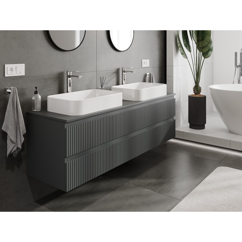 Mexen Rivel Badezimmerschrank 160 cm mit Waschbeckenplatte, 2 Schubladen, gerillt, Graphit matt - 91A20-16047-2-BFFC66