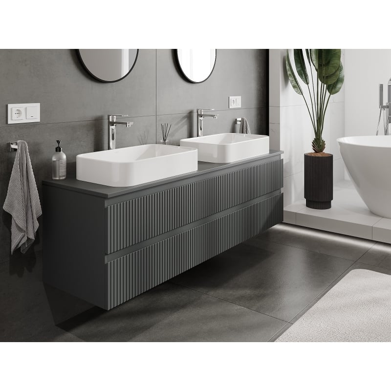 Mexen Rivel bathroom vanity cabinet 160 cm with countertop, 2 drawers, grooved, matte graphite - 91A20-16047-2-BFFC66