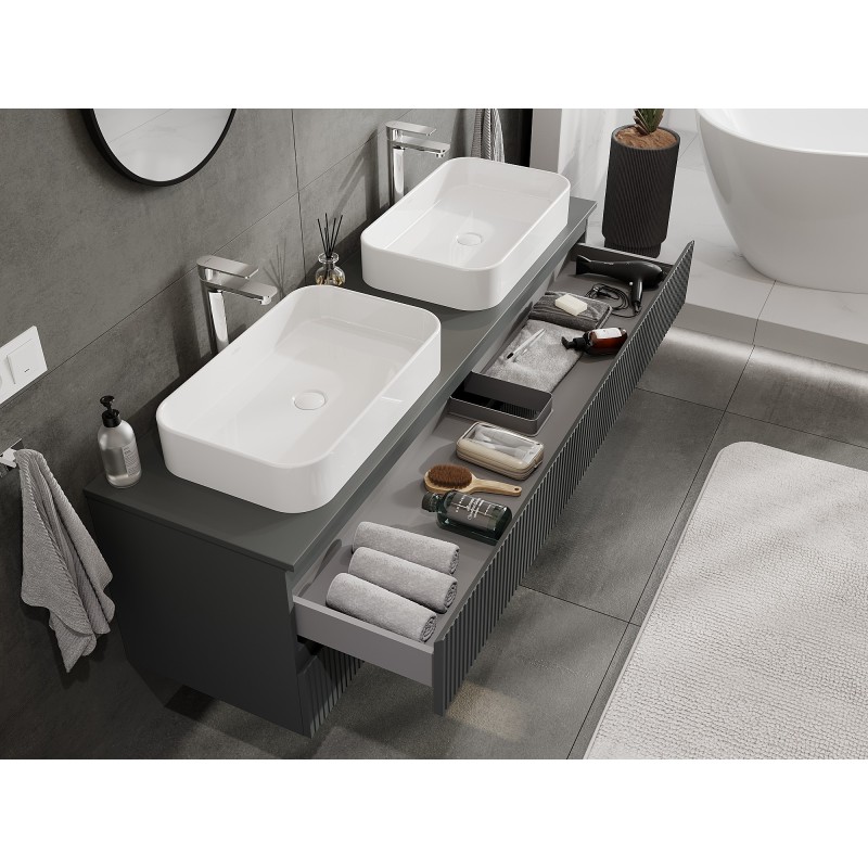 Mexen Rivel gabinete de baño bajo lavabo de 160 cm con encimera, 2 cajones, acanalado, grafito mate - 91A20-16047-2-BFFC66