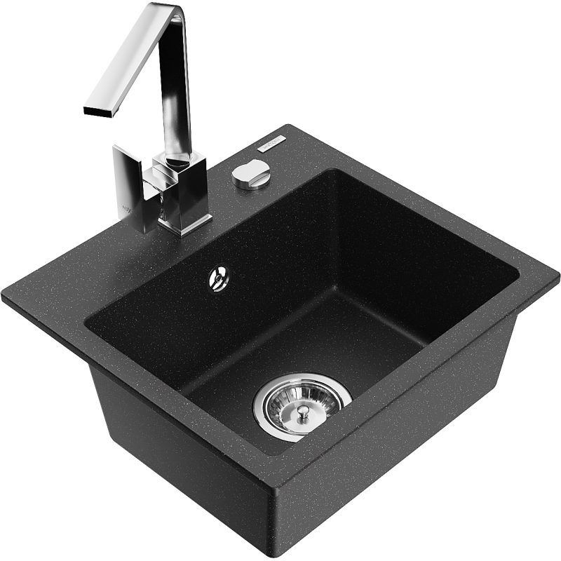 Mexen Milo Granitspüle 1-beckig mit Küchenarmatur Rita, schwarz/silber-metallic - 6505-73-670300-00