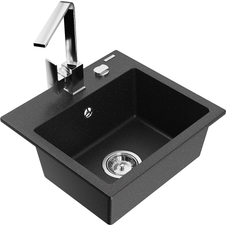 Mexen Milo Granitspüle 1-beckig mit Küchenarmatur Rita, schwarz/silber-metallic - 6505-73-670300-00
