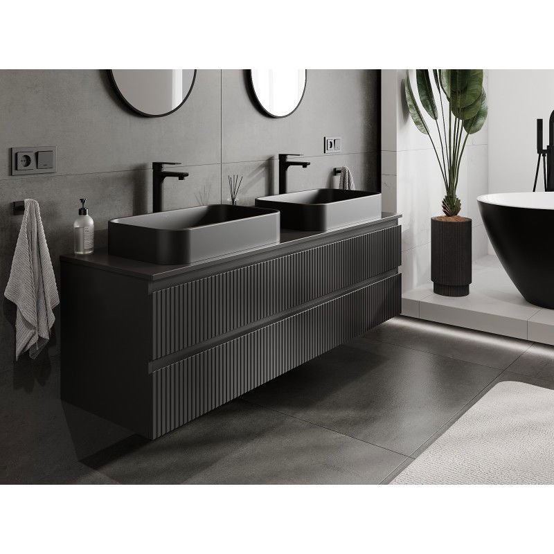 Mexen Rivel meuble de salle de bain sous lavabo 160 cm avec plateau, 2 tiroirs, cannelé, noir mat - 91A20-16047-2-BFFC71
