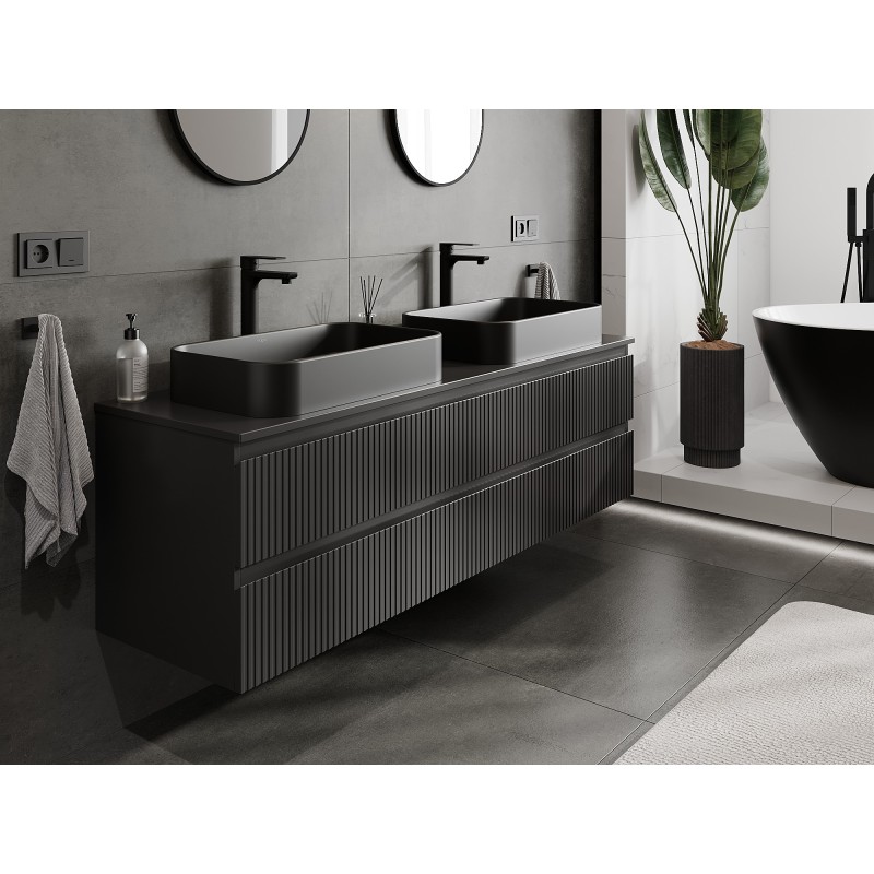 Mexen Rivel szafka łazienkowa podumywalkowa 160 cm z blatem, 2 szuflady, ryflowana , czarna mat - 91A20-16047-2-BFFC71