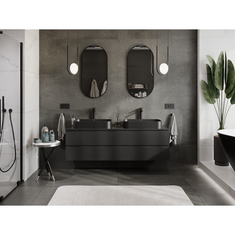 Mexen Rivel mueble de baño bajo lavabo de 160 cm con encimera, 2 cajones, estriado, negro mate - 91A20-16047-2-BFFC71