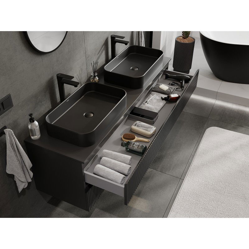 Mexen Rivel meuble de salle de bain sous lavabo 160 cm avec plateau, 2 tiroirs, cannelé, noir mat - 91A20-16047-2-BFFC71