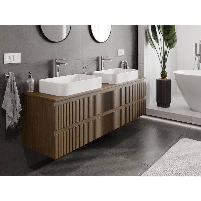 Mexen Rivel Badezimmerunterschrank 160 cm mit Platte, 2 Schubladen, geriffelt, Nuss - 91A20-16047-2-BFFC86