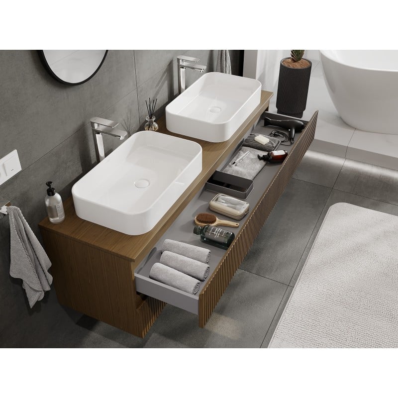 Mexen Rivel mueble de baño bajo lavabo 160 cm con encimera, 2 cajones, ranurada, nogal - 91A20-16047-2-BFFC86