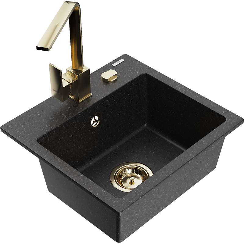 Mexen Milo granieten spoelbak met 1 bak en Rita keukenkraan, zwart/zilveren metallic - 6505-73-670300-50