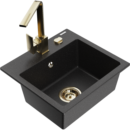 Mexen Milo granieten spoelbak met 1 bak en Rita keukenkraan, zwart/zilveren metallic - 6505-73-670300-50