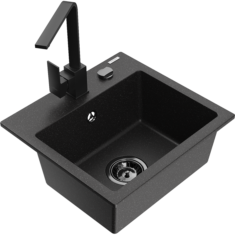 Mexen Milo Granit-Spüle 1-Kammer mit Küchenarmatur Rita, schwarz/silber metallic - 6505-73-670300-70-B