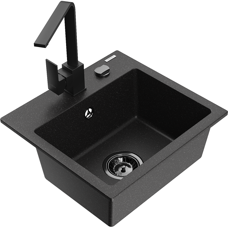 Mexen Milo granite kitchen sink 1-bowl with Rita kitchen tap, black/silver metallic - 6505-73-670300-70-B