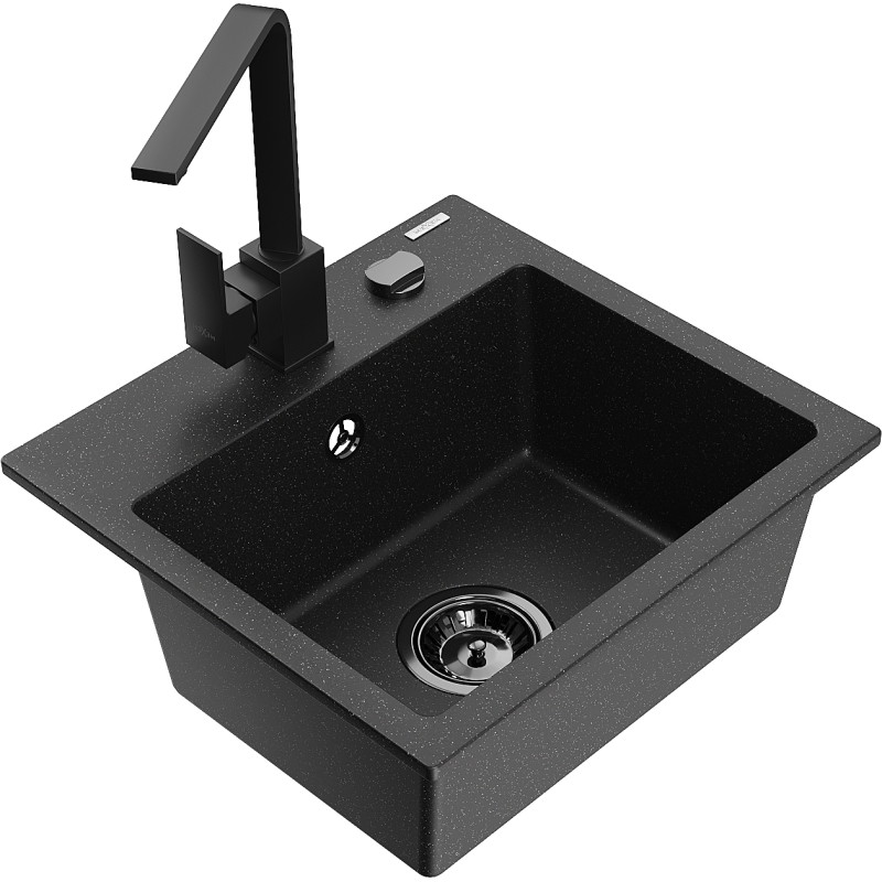 Mexen Milo Granitspüle 1-beckig mit Küchenarmatur Rita, schwarz/silber metallic - 6505-73-670300-70-B