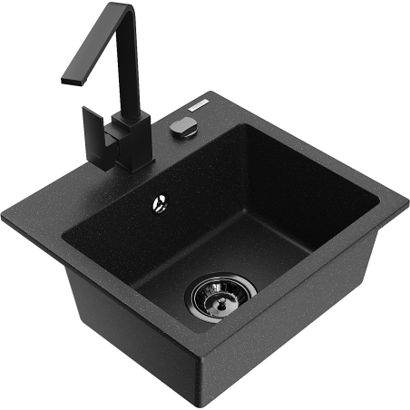 Mexen Milo granite kitchen sink 1-bowl with Rita kitchen tap, black/silver metallic - 6505-73-670300-70-B
