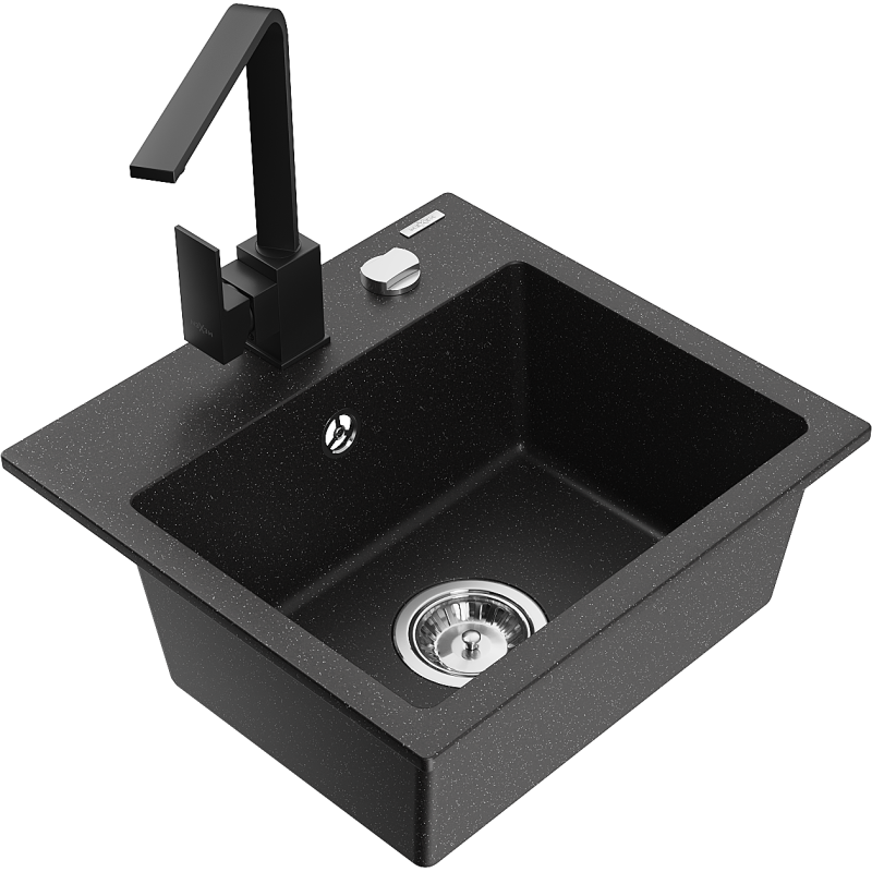 Mexen Milo 1-bowl granite sink with Rita kitchen tap, black/silver metallic - 6505-73-670300-70