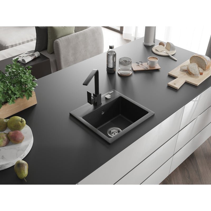 Mexen Milo 1-bowl granite sink with Rita kitchen tap, black/silver metallic - 6505-73-670300-70