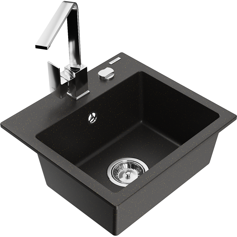 Mexen Milo fregadero de granito de 1 cubeta con grifo de cocina Rita, negro/oro metálico - 6505-75-670300-00