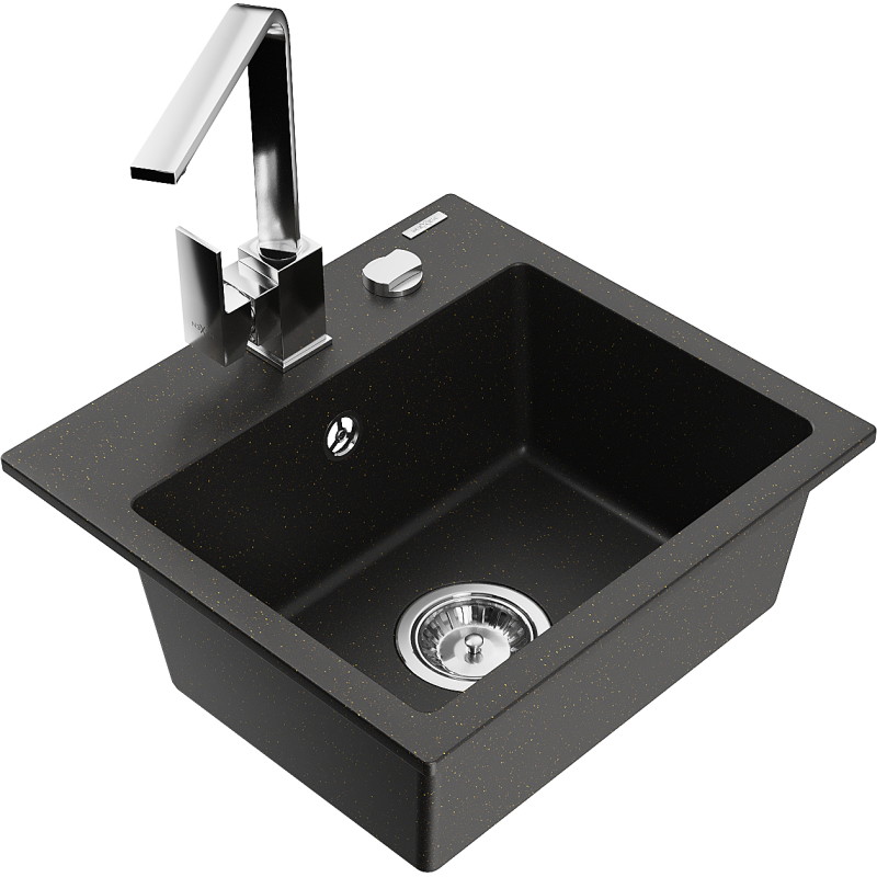 Mexen Milo granitische gootsteen met 1 kom en keukenmengkraan Rita, zwart/goud metallic - 6505-75-670300-00