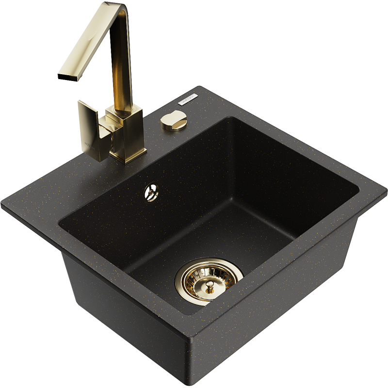Mexen Milo granitdiskbänk med 1 fack och köksblandare Rita, svart/guld metallisk - 6505-75-670300-50