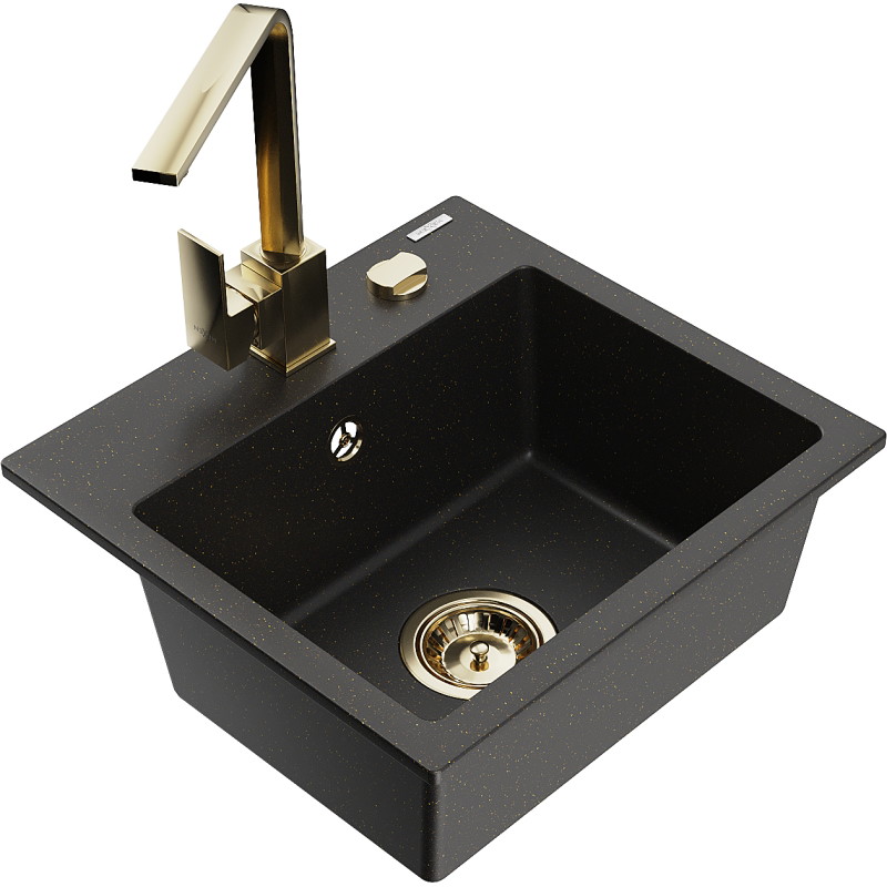 Mexen Milo granitische gootsteen met 1 kuip en keukenmengkraan Rita, zwart/gouden metallic - 6505-75-670300-50