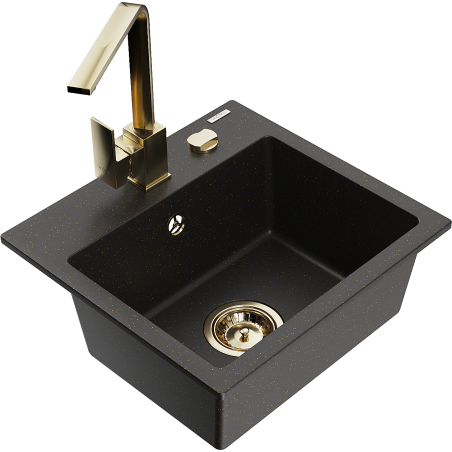 Mexen Milo granieten gootsteen met 1 bak en Rita keukenmengkraan, zwart/goud metallic - 6505-75-670300-50