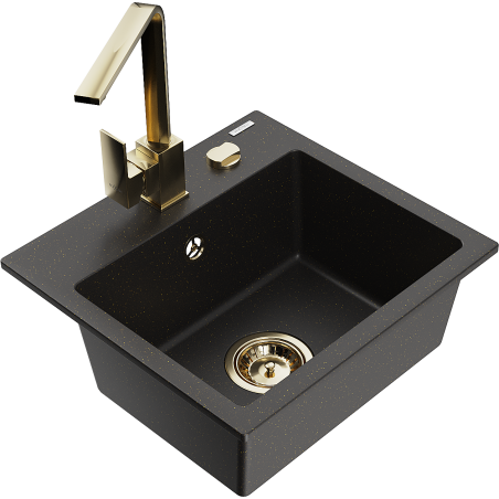Mexen Milo Granitspüle ein Becken mit Küchenarmatur Rita, Schwarz/Gold Metallic - 6505-75-670300-50