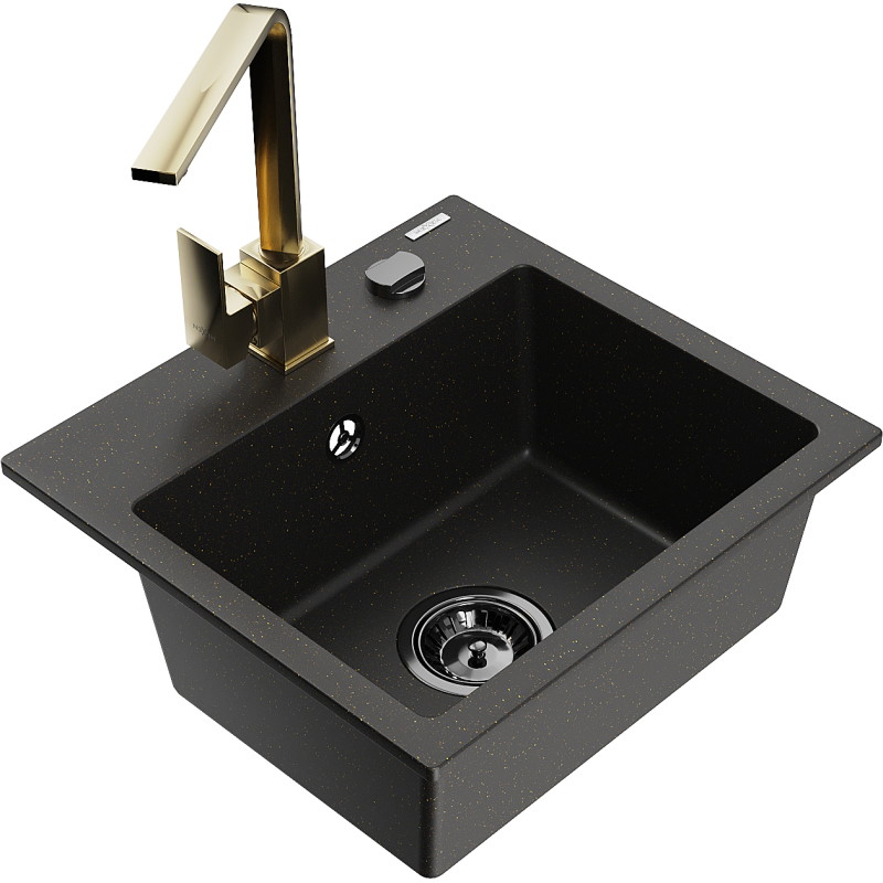Mexen Milo granitische spoelbak met 1 bak en Rita keukenkraan, zwart/gouden metallic - 6505-75-670300-50-B