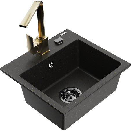 Mexen Milo fregadero de granito de 1 seno con grifo de cocina Rita, negro/dorado metálico - 6505-75-670300-50-B