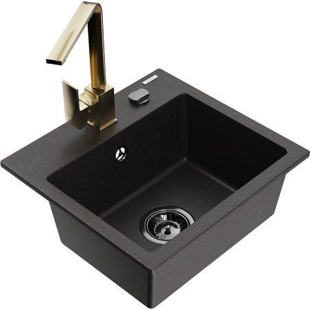 Mexen Milo granite sink single bowl with Rita kitchen tap, black/gold metallic - 6505-75-670300-50-B