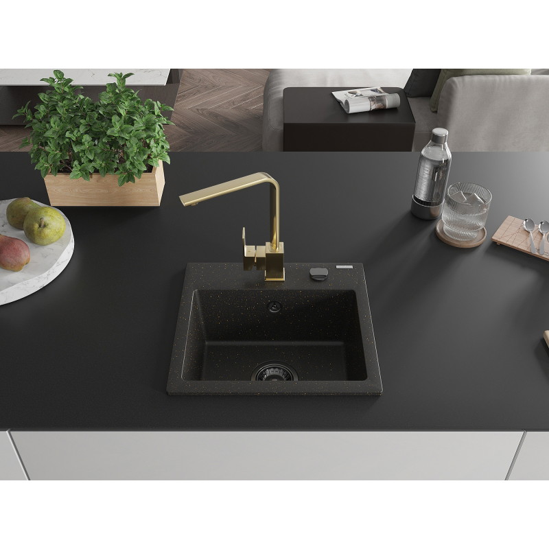 Mexen Milo Granitspüle 1-becken mit Küchenarmatur Rita, schwarz/gold-metallisch - 6505-75-670300-50-B