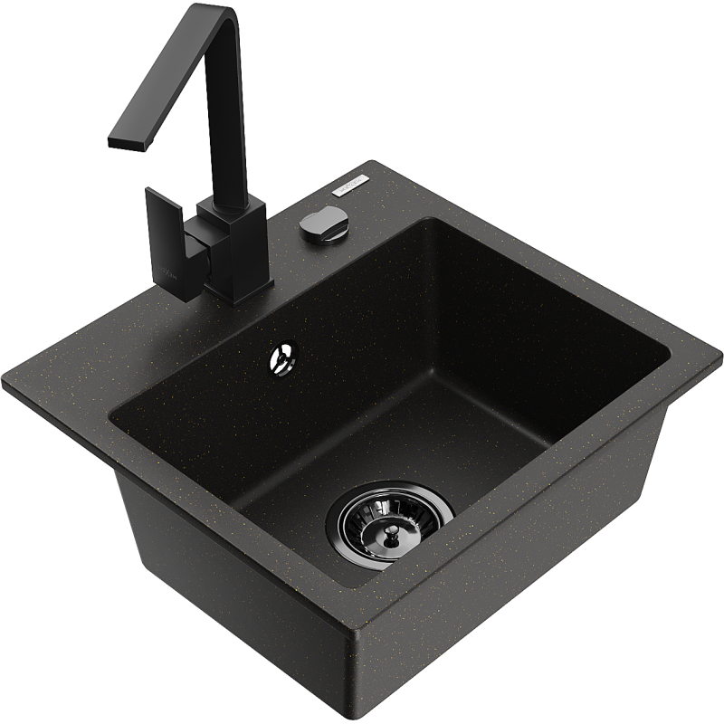 Mexen Milo fregadero de granito de 1 compartimento con grifo de cocina Rita, negro/oro metálico - 6505-75-670300-70-B