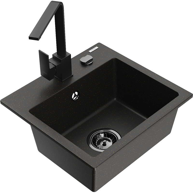 Mexen Milo lava-louça de granito de 1 cuba com torneira de cozinha Rita, preto/dourado metálico - 6505-75-670300-70-B