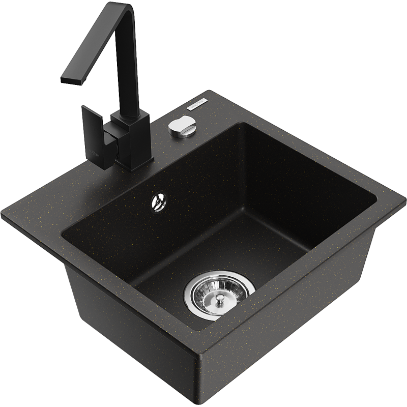 Mexen Milo 1-bowl granite kitchen sink with Rita tap, black/gold metallic - 6505-75-670300-70