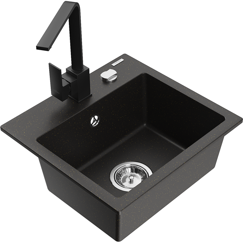 Mexen Milo granieten spoelbak 1-komorig met keukenkraan Rita, zwart/goud metallic - 6505-75-670300-70