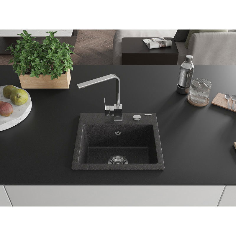 Mexen Milo granite kitchen sink 1-bowl with Rita kitchen tap, black speckled - 6505-76-670300-00