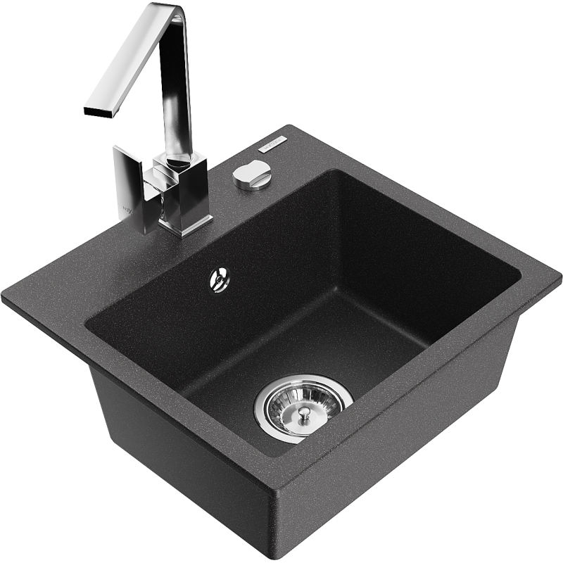 Mexen Milo granite kitchen sink 1-bowl with Rita kitchen tap, black speckled - 6505-76-670300-00
