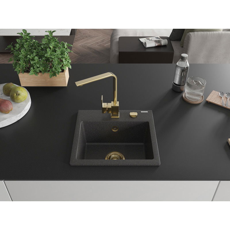 Mexen Milo 1-Bowl Granite Sink with Rita Kitchen Tap, Black Speckled - 6505-76-670300-50