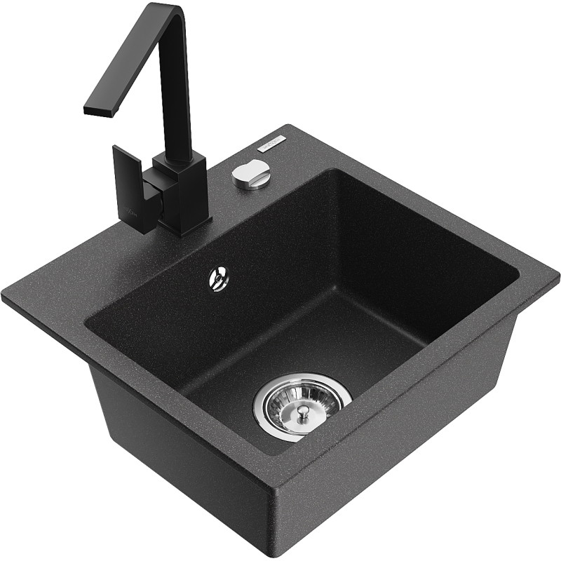 Mexen Milo fregadero de granito de 1-bandeja con grifo de cocina Rita, negro moteado - 6505-76-670300-70