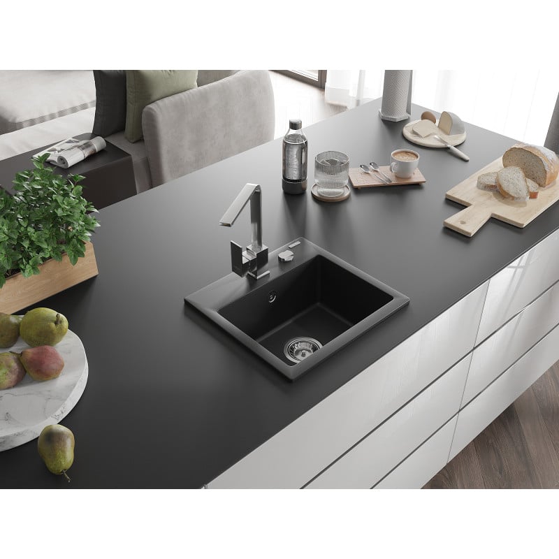 Mexen Milo 1-bowl granite sink with Rita kitchen tap, black - 6505-77-670300-00