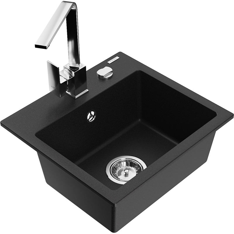 Mexen Milo 1-bowl granite sink with Rita kitchen tap, black - 6505-77-670300-00