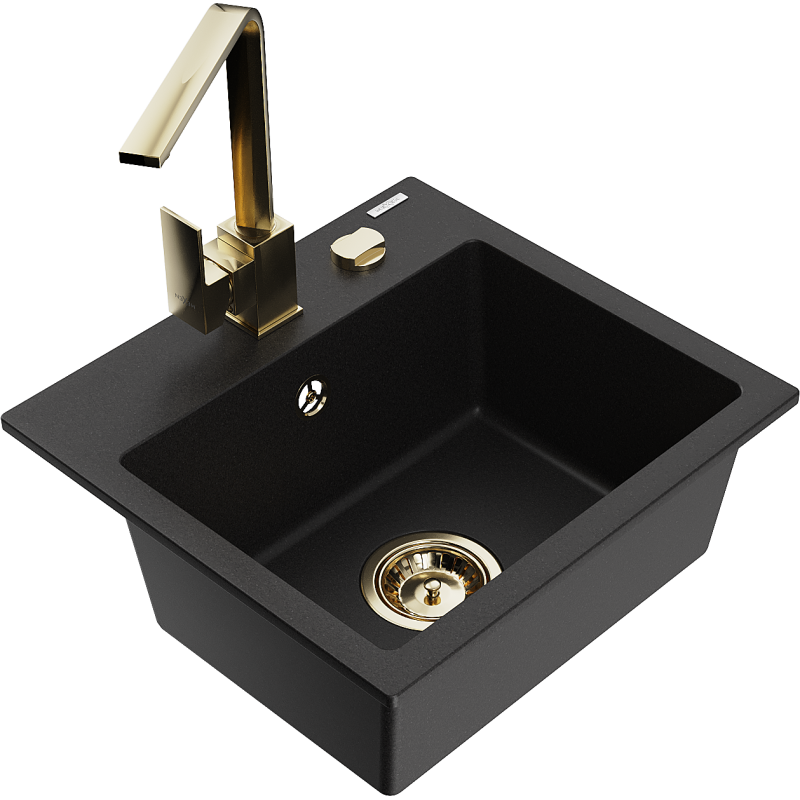 Mexen Milo 1-bowl granite sink with Rita kitchen tap, black - 6505-77-670300-50