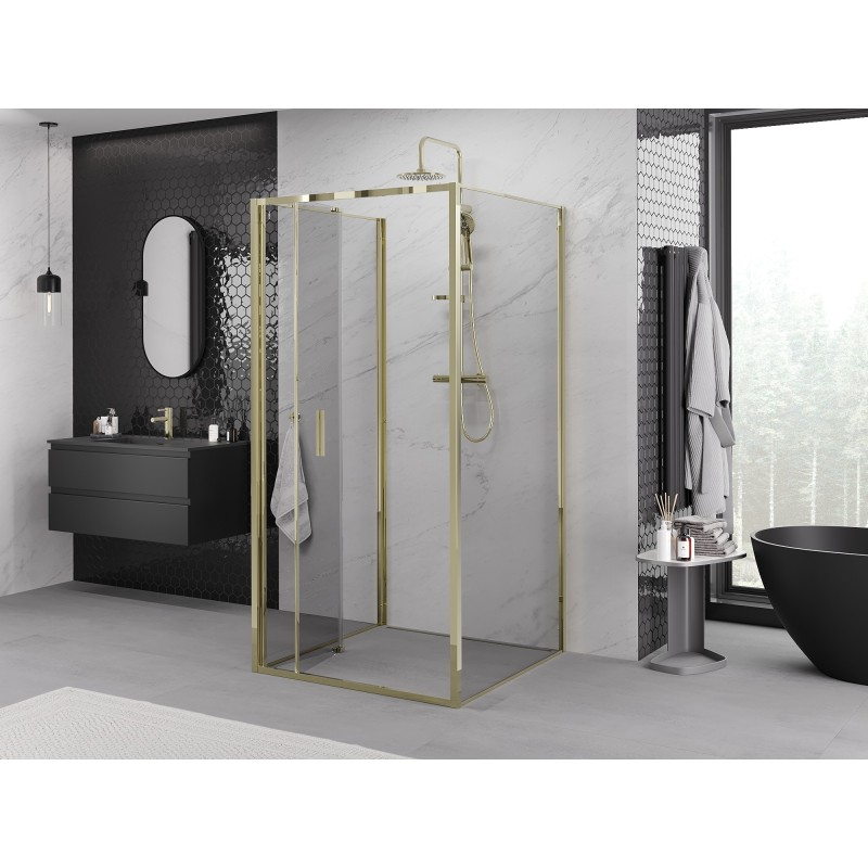 Mexen Exo-3S trīssienu salokāma dušas kabīne 100 x 100 cm, caurspīdīga, zelta - 816-100-100-50-00-3S
