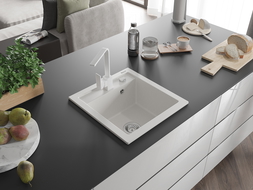 Mexen Vito granitno enojno korito z Rito kuhinjsko armaturo, belo - 6503-20-670300-20